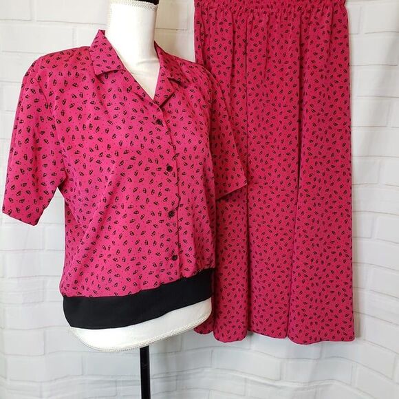 COOL Vintage 70s 80s Classic Directions Fuchsia Print Skirt Set womens 12 L larg - Picture 1 of 7